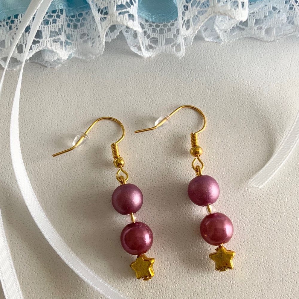 New Handcrafted Faux Purple Pearl Beads Dangle/Drop Earrings with Gold Tone Star
